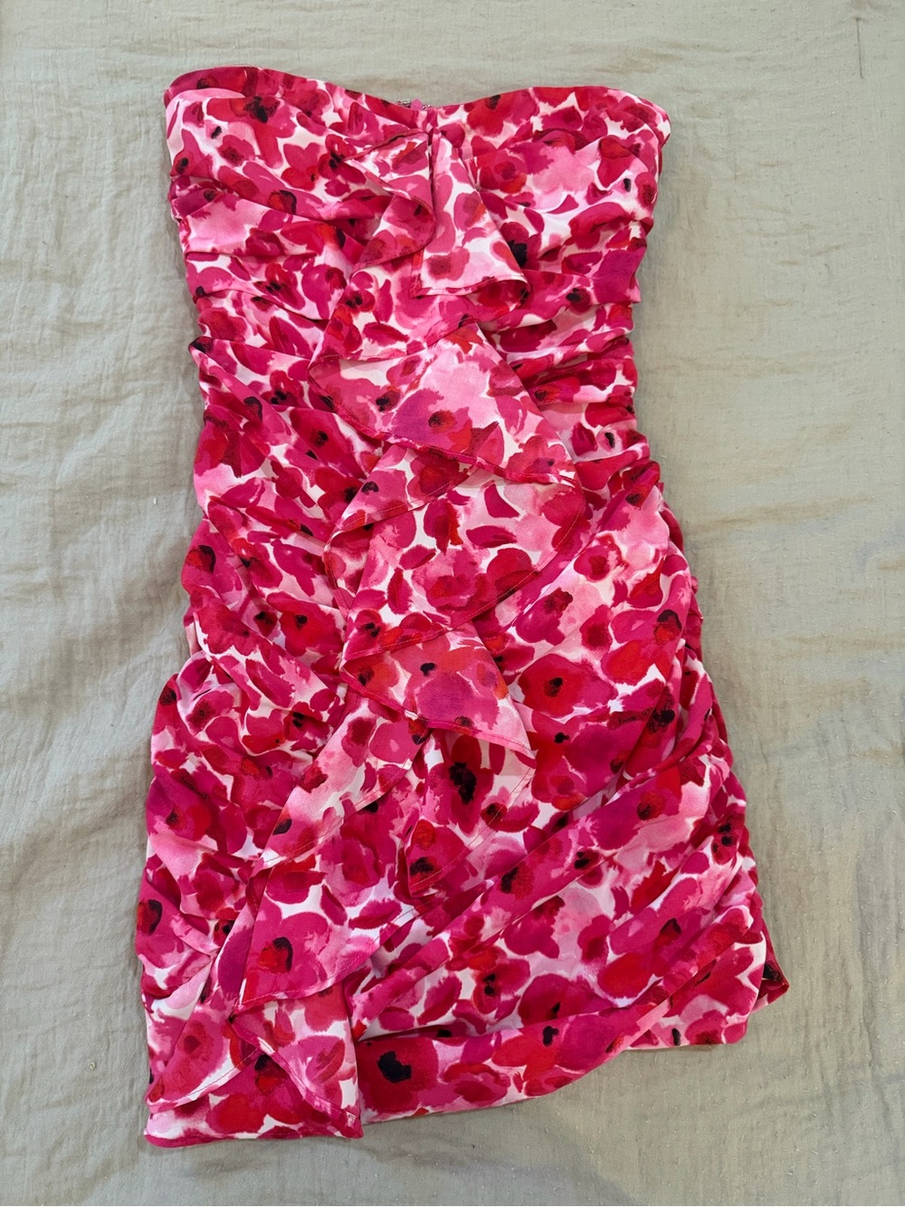 Strapless Fuchsia Floral Ruched Mini Dress